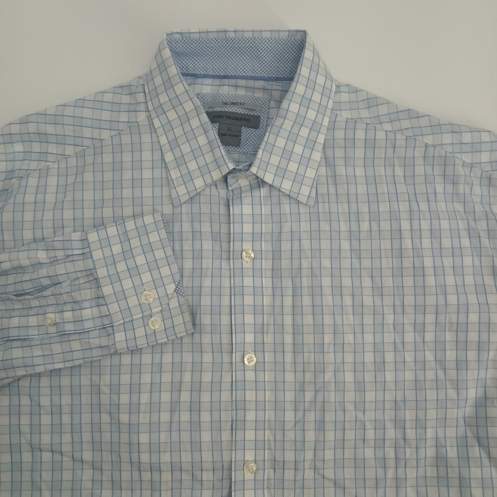 Johnston & Murphy Mens XL Tailored Fit Blue Windowpane Check Button Down‎ Shirt
